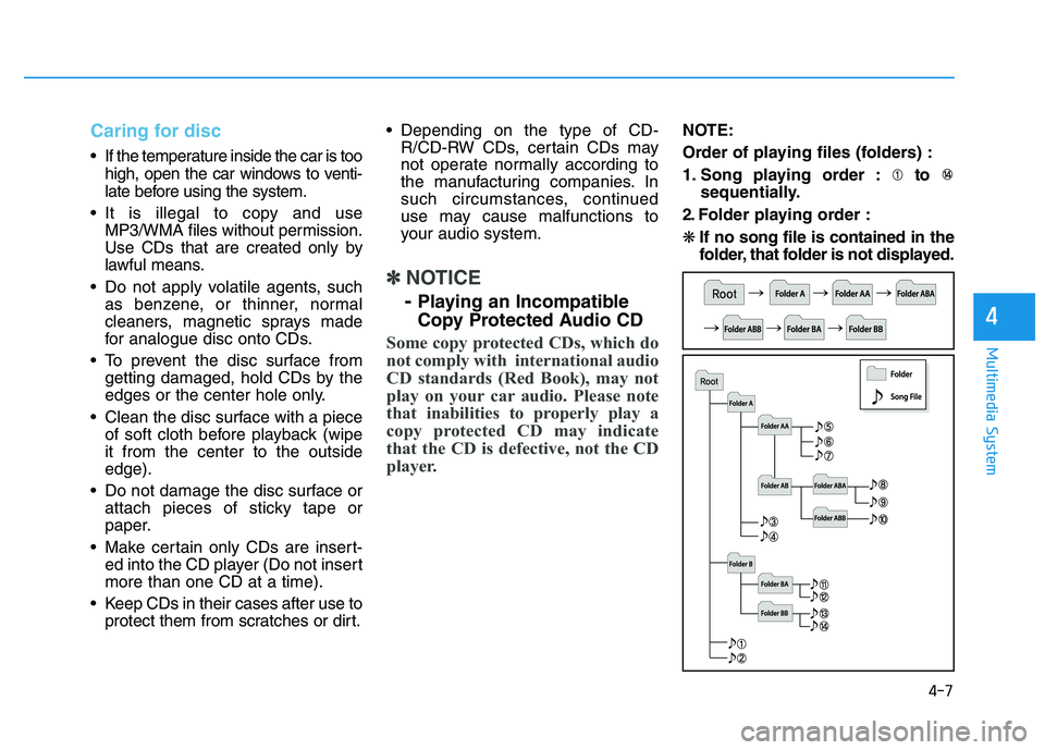 HYUNDAI TUCSON 2014  Owners Manual 4-7
Multimedia System
4
Caring for disc
 If the temperature inside the car is toohigh, open the car windows to venti- 
late before using the system.
 It is illegal to copy and use MP3/WMA files withou