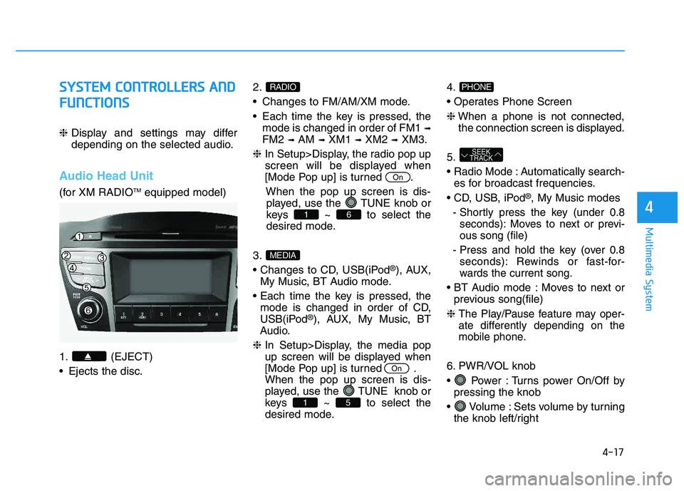 HYUNDAI TUCSON 2014 Owners Manual 4-17
Multimedia System
4
SSYY SSTT EEMM CC OO NNTTRR OO LLLLEE RR SS AA NN DD
F
F UU NNCCTT IIOO NNSS
❈ Display and settings may differ
depending on the selected audio.
Audio Head Unit
(for XM R HYUNDAI TUCSON 2014 Owners Manual 4-17
Multimedia System
4
SSYY SSTT EEMM CC OO NNTTRR OO LLLLEE RR SS AA NN DD
F
F UU NNCCTT IIOO NNSS
❈ Display and settings may differ
depending on the selected audio.
Audio Head Unit
(for XM R