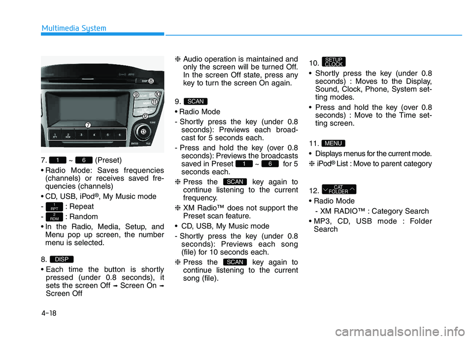 HYUNDAI TUCSON 2014 Owners Manual 4-18
Multimedia System
7. ~ (Preset)
Radio Mode: Saves frequencies(channels) or receives saved fre- quencies (channels)
CD, USB, iPod
®, My Music mode
- : Repeat
- : Random
In the Radio, Media, HYUNDAI TUCSON 2014 Owners Manual 4-18
Multimedia System
7. ~ (Preset)
Radio Mode: Saves frequencies(channels) or receives saved fre- quencies (channels)
CD, USB, iPod
®, My Music mode
- : Repeat
- : Random
In the Radio, Media,