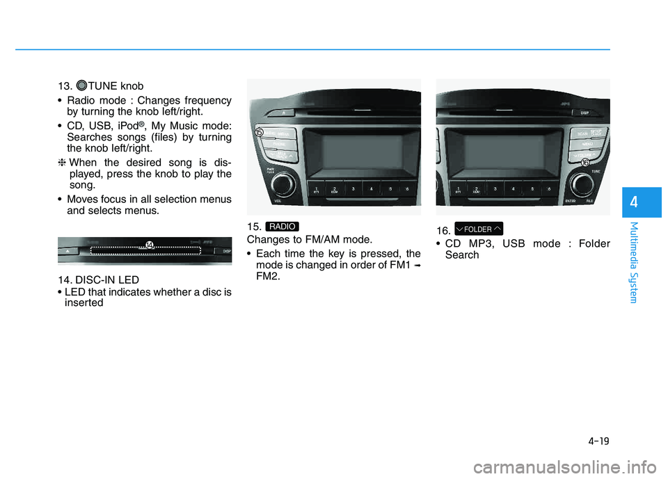 HYUNDAI TUCSON 2014 Owners Manual 4-19
Multimedia System
4
13. TUNE knob
Radio mode : Changes frequencyby turning the knob left/right.
CD, USB, iPod
®, My Music mode:
Searches songs (files) by turning
the knob left/right.
❈ Whe HYUNDAI TUCSON 2014 Owners Manual 4-19
Multimedia System
4
13. TUNE knob
Radio mode : Changes frequencyby turning the knob left/right.
CD, USB, iPod
®, My Music mode:
Searches songs (files) by turning
the knob left/right.
❈ Whe