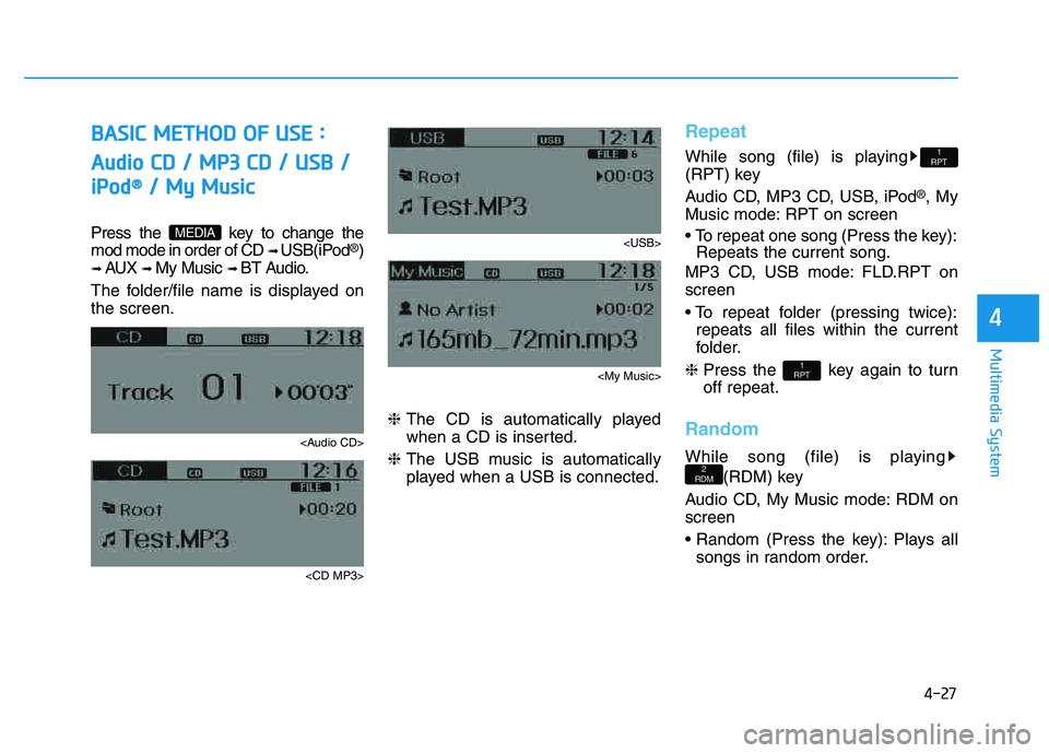 HYUNDAI TUCSON 2014 Owners Manual 4-27
Multimedia System
4
BBAA SSIICC MM EETT HH OO DD OO FF UU SSEE ::
A
A uuddiioo CC DD // MM PP33 CC DD // UU SSBB //
i
i PP oodd ®®
// MM yy MM uussiicc
Press the key to ch HYUNDAI TUCSON 2014 Owners Manual 4-27
Multimedia System
4
BBAA SSIICC MM EETT HH OO DD OO FF UU SSEE ::
A
A uuddiioo CC DD // MM PP33 CC DD // UU SSBB //
i
i PP oodd ®®
// MM yy MM uussiicc
Press the key to ch
