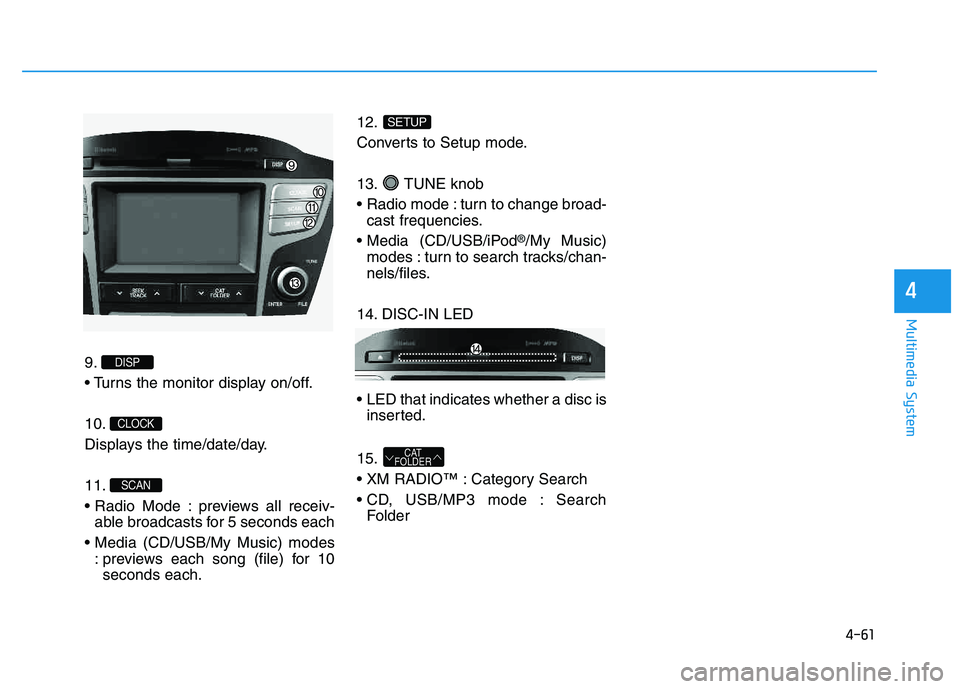 HYUNDAI TUCSON 2014 Owners Manual 4-61
Multimedia System
4
9.
10.
Displays the time/date/day. 11.
previews all receiv-able broadcasts for 5 seconds each
: previews each song (file) for 10seconds each. 12.
Converts to Setup mode. HYUNDAI TUCSON 2014 Owners Manual 4-61
Multimedia System
4
9.
10.
Displays the time/date/day. 11.
previews all receiv-able broadcasts for 5 seconds each
: previews each song (file) for 10seconds each. 12.
Converts to Setup mode.