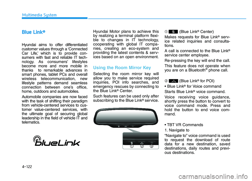 HYUNDAI TUCSON 2014 Owners Manual 4-122
Multimedia System
BBlluu ee LL iinn kk ®®
Hyundai aims to offer differentiated
customer values through a ‘Connected
Car Life,’ which is to provide con-
sumers with fast and reliable IT t HYUNDAI TUCSON 2014 Owners Manual 4-122
Multimedia System
BBlluu ee LL iinn kk ®®
Hyundai aims to offer differentiated
customer values through a ‘Connected
Car Life,’ which is to provide con-
sumers with fast and reliable IT t