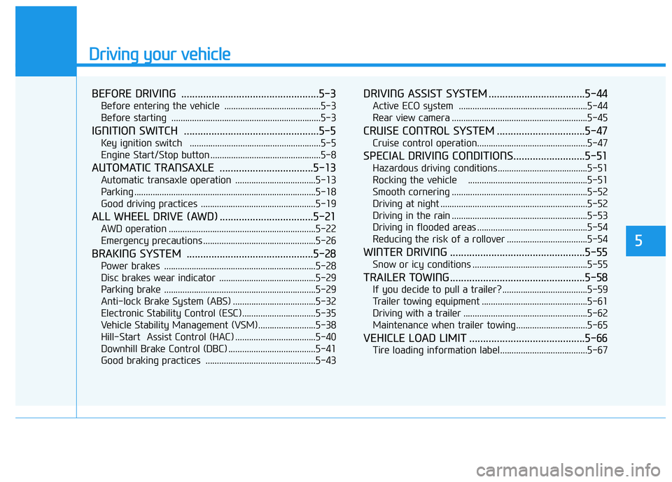 HYUNDAI TUCSON 2014 Owners Manual Driving your vehicle
BEFORE DRIVING ..................................................5-3
Before entering the vehicle ..........................................5-3
Before starting ................ HYUNDAI TUCSON 2014 Owners Manual Driving your vehicle
BEFORE DRIVING ..................................................5-3
Before entering the vehicle ..........................................5-3
Before starting ................