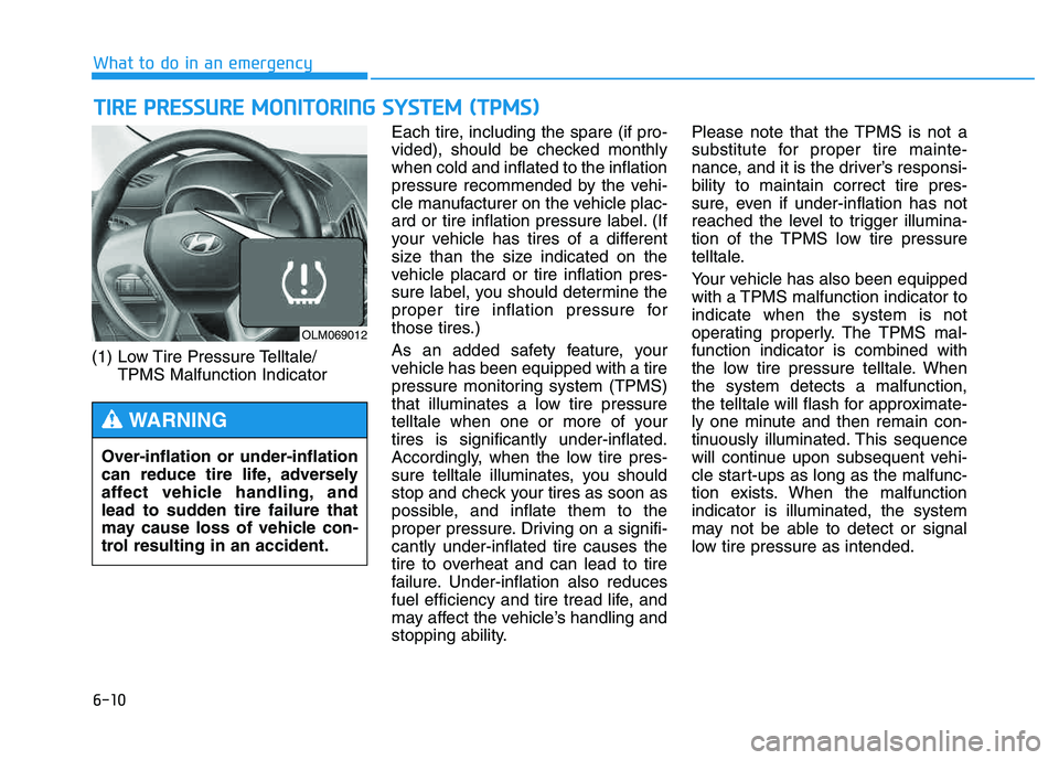 HYUNDAI TUCSON 2014 Owners Manual 6-10
(1) Low Tire Pressure Telltale/TPMS Malfunction Indicator Each tire, including the spare (if pro-
vided), should be checked monthlywhen cold and inflated to the inflation
pressure recommended by HYUNDAI TUCSON 2014 Owners Manual 6-10
(1) Low Tire Pressure Telltale/TPMS Malfunction Indicator Each tire, including the spare (if pro-
vided), should be checked monthlywhen cold and inflated to the inflation
pressure recommended by