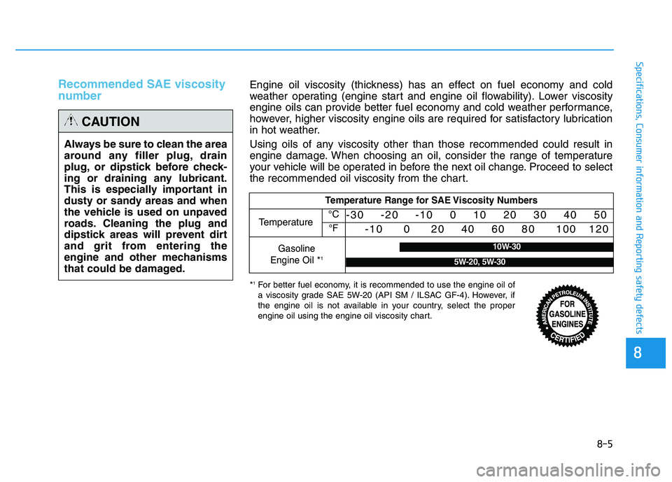 HYUNDAI TUCSON 2014 Owners Manual Recommended SAE viscosity
number
8-5
88
Specifications, Consumer information and Reporting safety defects
Always be sure to clean the area
around any filler plug, drain
plug, or dipstick before che HYUNDAI TUCSON 2014 Owners Manual Recommended SAE viscosity
number
8-5
88
Specifications, Consumer information and Reporting safety defects
Always be sure to clean the area
around any filler plug, drain
plug, or dipstick before che