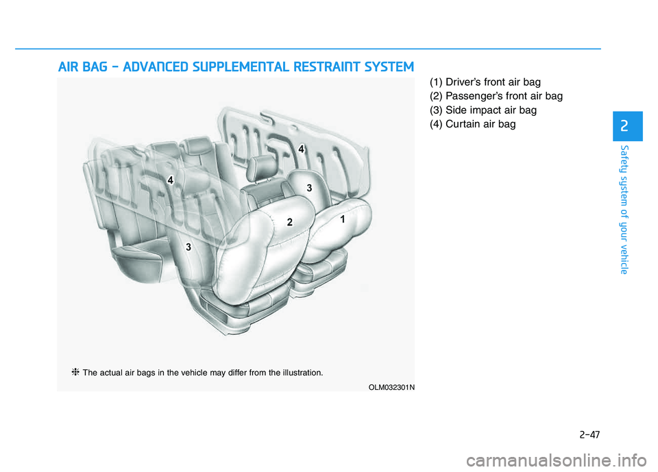 HYUNDAI TUCSON 2014 Repair Manual 2-47
Safety system of your vehicle
2
(1) Driver’s front air bag
(2) Passenger’s front air bag (3) Side impact air bag
(4) Curtain air bag
AAIIRR BB AA GG -- AA DDVVAA NN CCEE DD SS UU P HYUNDAI TUCSON 2014 Repair Manual 2-47
Safety system of your vehicle
2
(1) Driver’s front air bag
(2) Passenger’s front air bag (3) Side impact air bag
(4) Curtain air bag
AAIIRR BB AA GG -- AA DDVVAA NN CCEE DD SS UU P