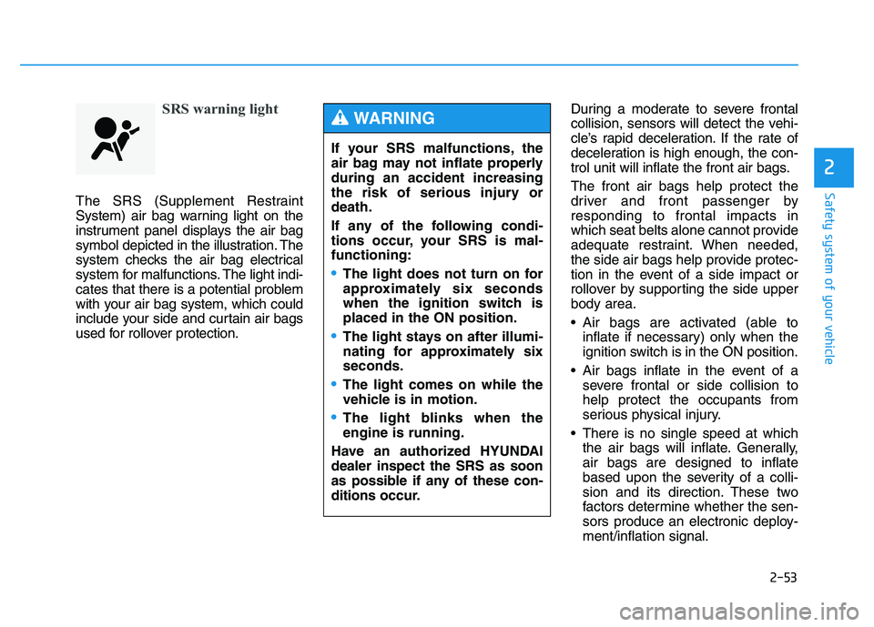 HYUNDAI TUCSON 2014 Repair Manual 2-53
Safety system of your vehicle
2
SRS warning light
The SRS (Supplement Restraint
System) air bag warning light on the
instrument panel displays the air bag
symbol depicted in the illustration. Th HYUNDAI TUCSON 2014 Repair Manual 2-53
Safety system of your vehicle
2
SRS warning light
The SRS (Supplement Restraint
System) air bag warning light on the
instrument panel displays the air bag
symbol depicted in the illustration. Th
