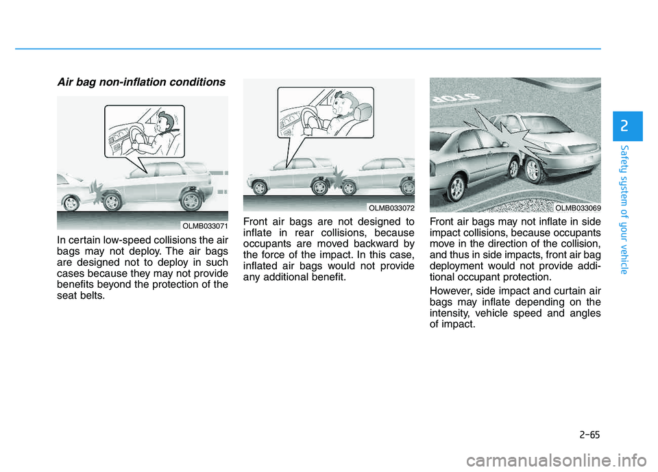 HYUNDAI TUCSON 2014 Manual Online 2-65
Safety system of your vehicle
2
Air bag non-inflation conditions
In certain low-speed collisions the air
bags may not deploy. The air bags
are designed not to deploy in such
cases because they HYUNDAI TUCSON 2014 Manual Online 2-65
Safety system of your vehicle
2
Air bag non-inflation conditions
In certain low-speed collisions the air
bags may not deploy. The air bags
are designed not to deploy in such
cases because they