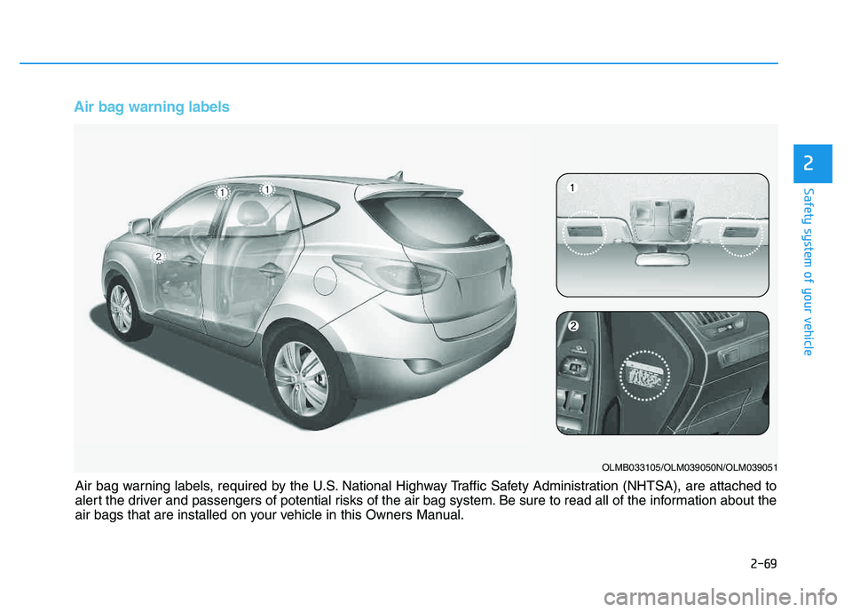 HYUNDAI TUCSON 2014 Manual Online 2-69
Safety system of your vehicle
2
Air bag warning labels
OLMB033105/OLM039050N/OLM039051
Air bag warning labels, required by the U.S. National Highway Traffic Safety Administration (NHTSA), are at HYUNDAI TUCSON 2014 Manual Online 2-69
Safety system of your vehicle
2
Air bag warning labels
OLMB033105/OLM039050N/OLM039051
Air bag warning labels, required by the U.S. National Highway Traffic Safety Administration (NHTSA), are at