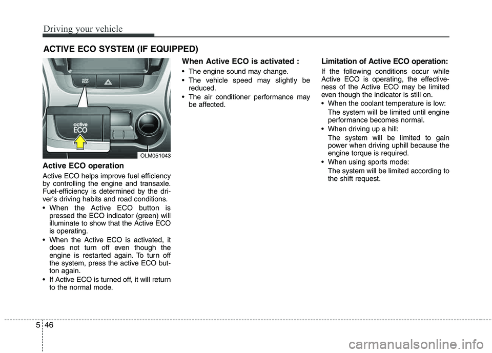 HYUNDAI TUCSON 2013  Owners Manual Driving your vehicle
46
5
Active ECO operation
Active ECO helps improve fuel efficiency 
by controlling the engine and transaxle.
Fuel-efficiency is determined by the dri- 
vers driving habits and ro