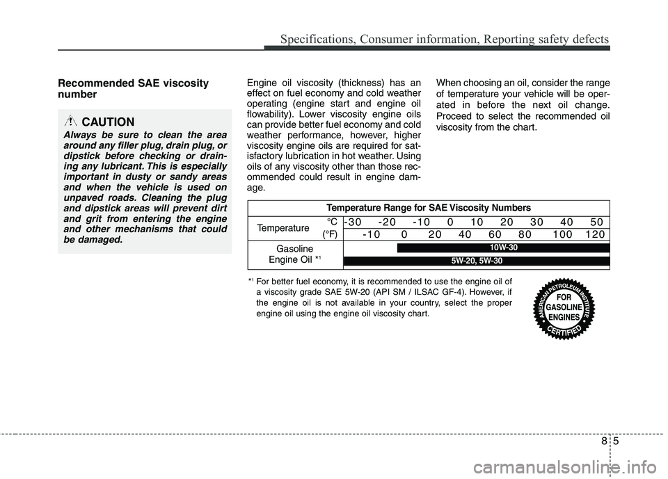 HYUNDAI TUCSON 2013 Repair Manual 85
Specifications, Consumer information, Reporting safety defects
Recommended SAE viscosity 
number   Engine oil viscosity (thickness) has an 
effect on fuel economy and cold weather 
operating (engin