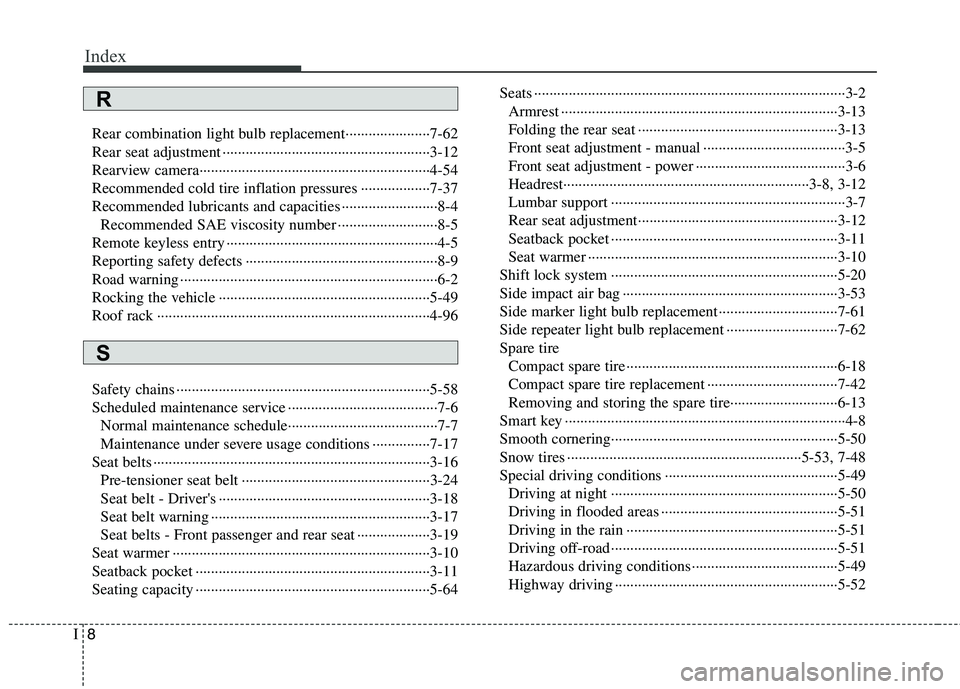 HYUNDAI TUCSON 2013 Owners Manual Index
8I
Rear combination light bulb replacement······················7-62
Rear seat adjustment ········································ HYUNDAI TUCSON 2013 Owners Manual Index
8I
Rear combination light bulb replacement······················7-62
Rear seat adjustment ········································Â