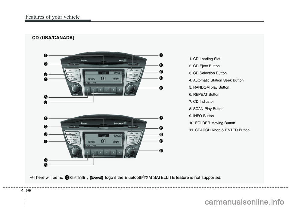 HYUNDAI TUCSON 2012 Owners Manual Features of your vehicle
98
4
CD (USA/CANADA)
❋ There will be no , logo if the Bluetooth ®
/XM SATELLITE feature is not supported.
1. CD Loading Slot
2. CD Eject Button
3. CD Selection Button
4 HYUNDAI TUCSON 2012 Owners Manual Features of your vehicle
98
4
CD (USA/CANADA)
❋ There will be no , logo if the Bluetooth ®
/XM SATELLITE feature is not supported.
1. CD Loading Slot
2. CD Eject Button
3. CD Selection Button
4