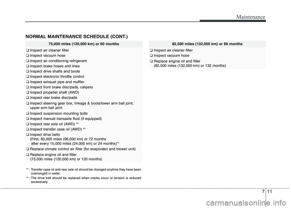 HYUNDAI TUCSON 2012 Owners Manual 711
Maintenance
NORMAL MAINTENANCE SCHEDULE (CONT.)
75,000 miles (120,000 km) or 60 months
❑Inspect air cleaner filter
❑Inspect vacuum hose
❑Inspect air conditioning refrigerant
❑Inspect brake HYUNDAI TUCSON 2012 Owners Manual 711
Maintenance
NORMAL MAINTENANCE SCHEDULE (CONT.)
75,000 miles (120,000 km) or 60 months
❑Inspect air cleaner filter
❑Inspect vacuum hose
❑Inspect air conditioning refrigerant
❑Inspect brake