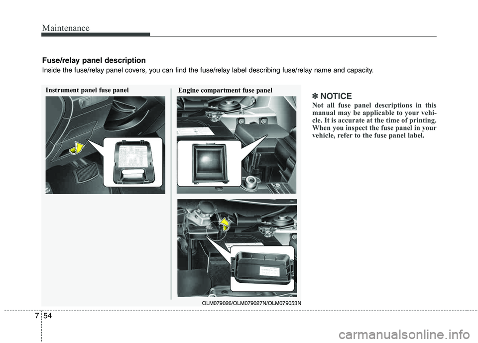 HYUNDAI TUCSON 2012 Owners Manual Maintenance
54
7
✽✽
NOTICE
Not all fuse panel descriptions in this
manual may be applicable to your vehi-
cle. It is accurate at the time of printing.
When you inspect the fuse panel in your
veh HYUNDAI TUCSON 2012 Owners Manual Maintenance
54
7
✽✽
NOTICE
Not all fuse panel descriptions in this
manual may be applicable to your vehi-
cle. It is accurate at the time of printing.
When you inspect the fuse panel in your
veh