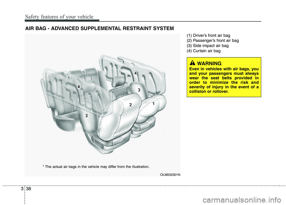 HYUNDAI TUCSON 2012 Workshop Manual Safety features of your vehicle
38
3
(1) Driver’s front air bag
(2) Passenger’s front air bag (3) Side impact air bag
(4) Curtain air bag
AIR BAG - ADVANCED SUPPLEMENTAL RESTRAINT SYSTEM
OLM03230 HYUNDAI TUCSON 2012 Workshop Manual Safety features of your vehicle
38
3
(1) Driver’s front air bag
(2) Passenger’s front air bag (3) Side impact air bag
(4) Curtain air bag
AIR BAG - ADVANCED SUPPLEMENTAL RESTRAINT SYSTEM
OLM03230