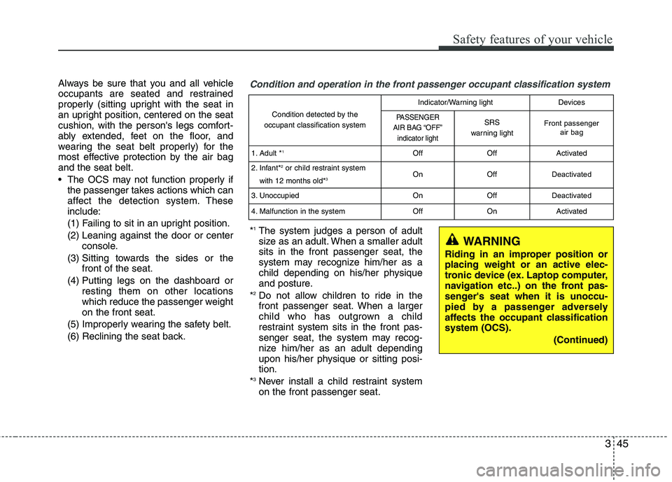 HYUNDAI TUCSON 2012 Repair Manual 345
Safety features of your vehicle
Always be sure that you and all vehicle
occupants are seated and restrained
properly (sitting upright with the seat in
an upright position, centered on the seat
c HYUNDAI TUCSON 2012 Repair Manual 345
Safety features of your vehicle
Always be sure that you and all vehicle
occupants are seated and restrained
properly (sitting upright with the seat in
an upright position, centered on the seat
c
