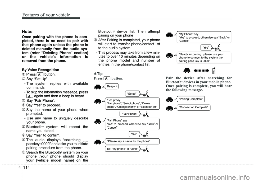 HYUNDAI TUCSON 2011 Owners Manual Features of your vehicle
114
4
Note:
Once pairing with the phone is com-
pleted, there is no need to pair with
that phone again unless the phone is
deleted manually from the audio sys-
tem (refer HYUNDAI TUCSON 2011 Owners Manual Features of your vehicle
114
4
Note:
Once pairing with the phone is com-
pleted, there is no need to pair with
that phone again unless the phone is
deleted manually from the audio sys-
tem (refer