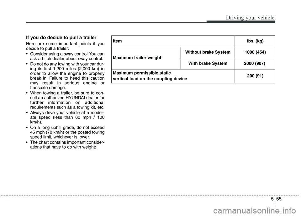 HYUNDAI TUCSON 2011 Owners Manual 555
Driving your vehicle
If you do decide to pull a trailer
Here are some important points if you
decide to pull a trailer:
Consider using a sway control. You canask a hitch dealer about sway contr HYUNDAI TUCSON 2011 Owners Manual 555
Driving your vehicle
If you do decide to pull a trailer
Here are some important points if you
decide to pull a trailer:
Consider using a sway control. You canask a hitch dealer about sway contr