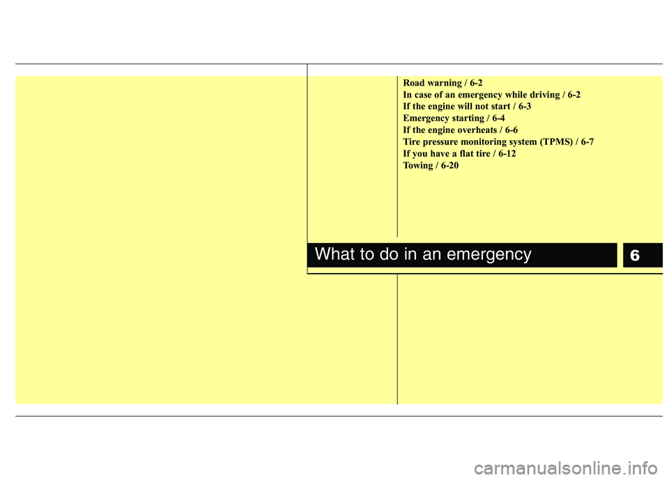 HYUNDAI TUCSON 2011  Owners Manual 6
Road warning / 6-2 
In case of an emergency while driving / 6-2 
If the engine will not start / 6-3 
Emergency starting / 6-4 
If the engine overheats / 6-6 
Tire pressure monitoring system (TPMS) /