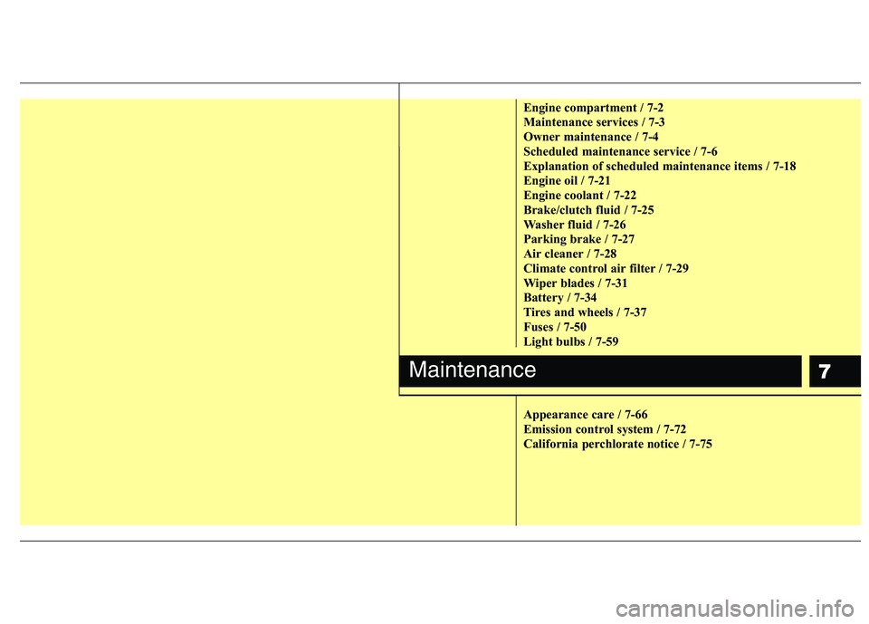 HYUNDAI TUCSON 2011  Owners Manual 7
Engine compartment / 7-2 
Maintenance services / 7-3
Owner maintenance / 7-4
Scheduled maintenance service / 7-6
Explanation of scheduled maintenance items / 7-18 
Engine oil / 7-21 
Engine coolant 