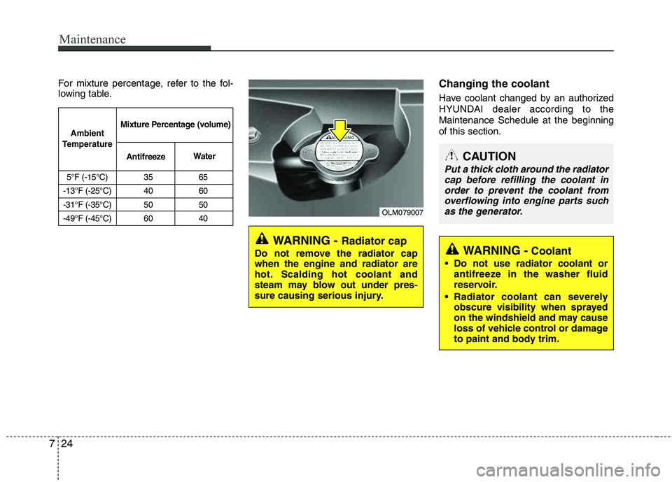 HYUNDAI TUCSON 2011 Owners Manual Maintenance
24
7
For mixture percentage, refer to the fol-
lowing table.Changing the coolant
Have coolant changed by an authorized
HYUNDAI dealer according to theMaintenance Schedule at the beginnin HYUNDAI TUCSON 2011 Owners Manual Maintenance
24
7
For mixture percentage, refer to the fol-
lowing table.Changing the coolant
Have coolant changed by an authorized
HYUNDAI dealer according to theMaintenance Schedule at the beginnin