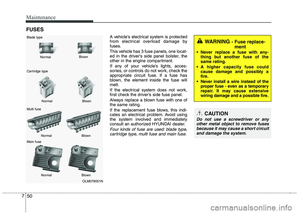 HYUNDAI TUCSON 2011  Owners Manual Maintenance
50
7
FUSES
A vehicle’s electrical system is protected 
from electrical overload damage by 
fuses. 
This vehicle has 3 fuse panels, one locat- 
ed in the driver’s side panel bolster, th