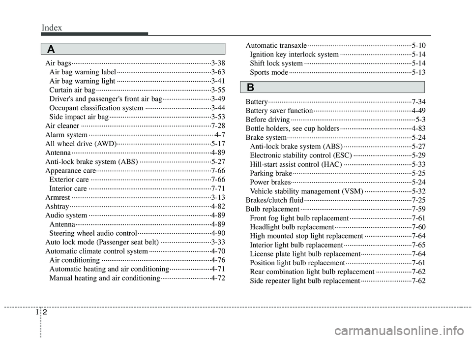 HYUNDAI TUCSON 2011  Owners Manual Index
2I
Air bags··········································································3-38Air bag warning label ····