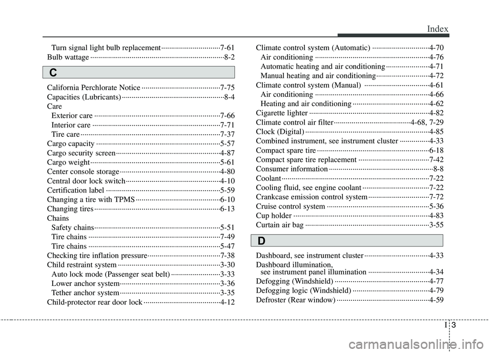 HYUNDAI TUCSON 2011  Owners Manual I3
Index
Turn signal light bulb replacement······························7-61
Bulb wattage ·······································