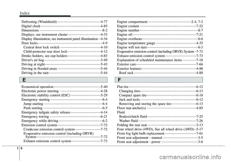 HYUNDAI TUCSON 2011  Owners Manual Index
4I
Defrosting (Windshield) ················································4-77 
Digital clock··························