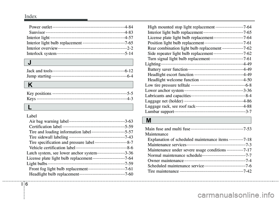 HYUNDAI TUCSON 2011  Owners Manual Index
6I
Power outlet ·································································4-84 
Sunvisor ················