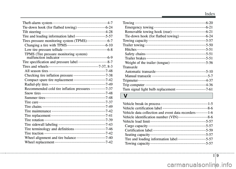 HYUNDAI TUCSON 2011 Owners Manual I9
Index
Theft-alarm system ··························································4-7
Tie-down hook (for flatbed towing) ········ HYUNDAI TUCSON 2011 Owners Manual I9
Index
Theft-alarm system ··························································4-7
Tie-down hook (for flatbed towing) ········