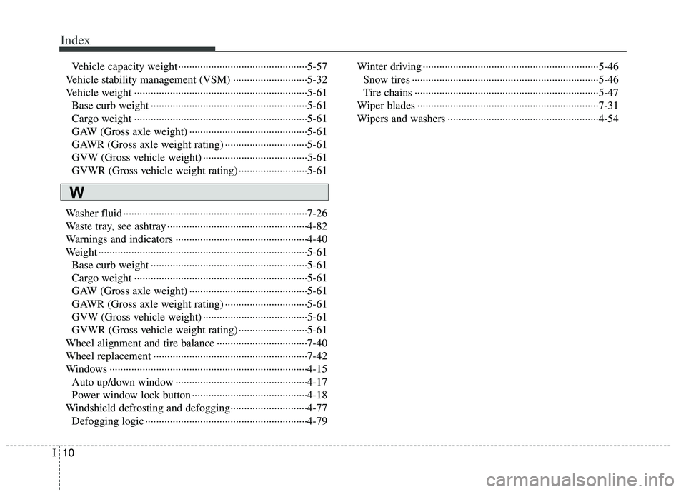 HYUNDAI TUCSON 2011 Owners Manual Index
10I
Vehicle capacity weight ···············································5-57
Vehicle stability management (VSM) ················ HYUNDAI TUCSON 2011 Owners Manual Index
10I
Vehicle capacity weight ···············································5-57
Vehicle stability management (VSM) ················