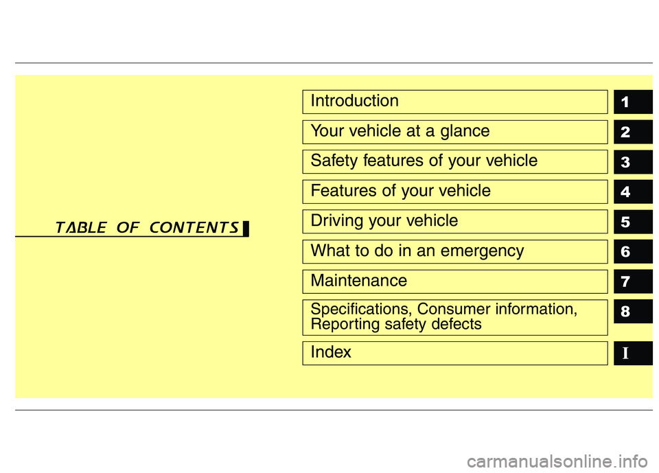 HYUNDAI TUCSON 2011  Owners Manual 1 2 3 4 5 6 7 8
I
Introduction
Your vehicle at a glance
Safety features of your vehicle
Features of your vehicle
Driving your vehicle
What to do in an emergency
Maintenance
Specifications, Consumer in