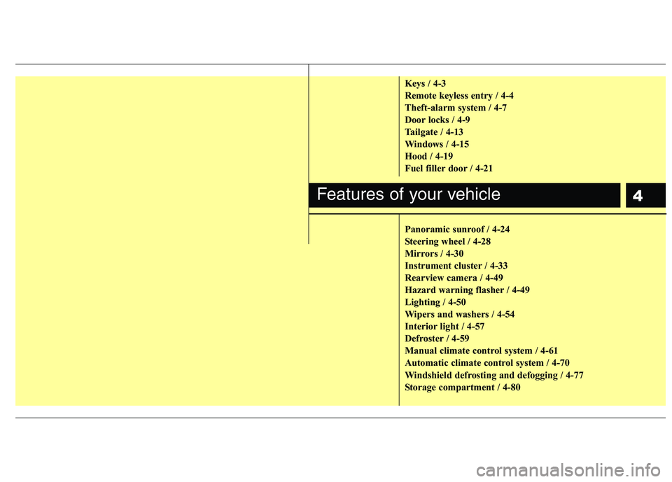 HYUNDAI TUCSON 2011  Owners Manual 4
Keys / 4-3 
Remote keyless entry / 4-4
Theft-alarm system / 4-7
Door locks / 4-9
Tailgate / 4-13
Windows / 4-15
Hood / 4-19 
Fuel filler door / 4-21 
Panoramic sunroof / 4-24 
Steering wheel / 4-28
