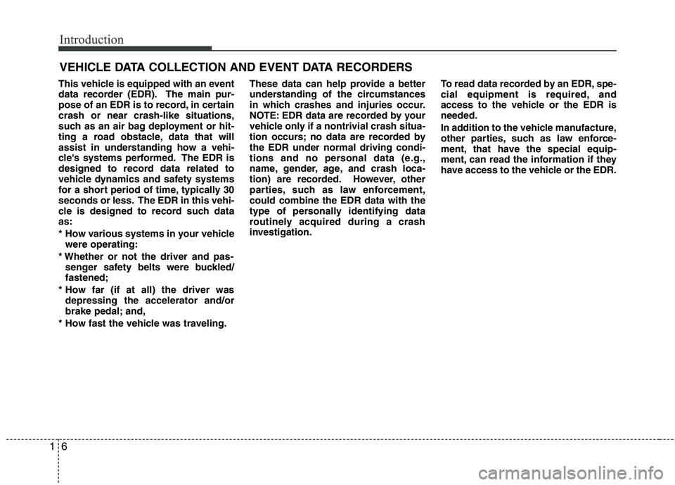 HYUNDAI TUCSON 2010 User Guide
Introduction
6
1
This vehicle is equipped with an event
data recorder (EDR). The main pur-
pose of an EDR is to record, in certain
crash or near crash-like situations,
such as an air bag deployment o HYUNDAI TUCSON 2010 User Guide
Introduction
6
1
This vehicle is equipped with an event
data recorder (EDR). The main pur-
pose of an EDR is to record, in certain
crash or near crash-like situations,
such as an air bag deployment o