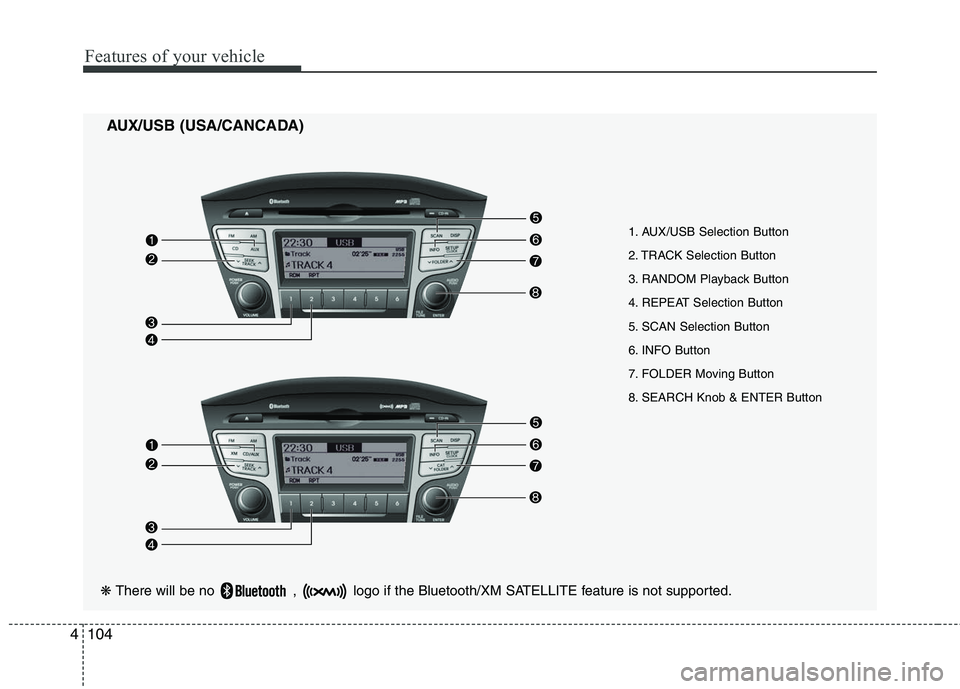 HYUNDAI TUCSON 2010 Owners Manual
Features of your vehicle
104
4
AUX/USB (USA/CANCADA)
1. AUX/USB Selection Button
2. TRACK Selection Button
3. RANDOM Playback Button
4. REPEAT Selection Button
5. SCAN Selection Button
6. INFO Butto HYUNDAI TUCSON 2010 Owners Manual
Features of your vehicle
104
4
AUX/USB (USA/CANCADA)
1. AUX/USB Selection Button
2. TRACK Selection Button
3. RANDOM Playback Button
4. REPEAT Selection Button
5. SCAN Selection Button
6. INFO Butto
