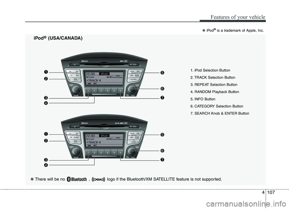 HYUNDAI TUCSON 2010 Owners Manual
4107
Features of your vehicle
1. iPod Selection Button
2. TRACK Selection Button
3. REPEAT Selection Button
4. RANDOM Playback Button
5. INFO Button
6. CATEGORY Selection Button
7. SEARCH Knob & ENT HYUNDAI TUCSON 2010 Owners Manual
4107
Features of your vehicle
1. iPod Selection Button
2. TRACK Selection Button
3. REPEAT Selection Button
4. RANDOM Playback Button
5. INFO Button
6. CATEGORY Selection Button
7. SEARCH Knob & ENT