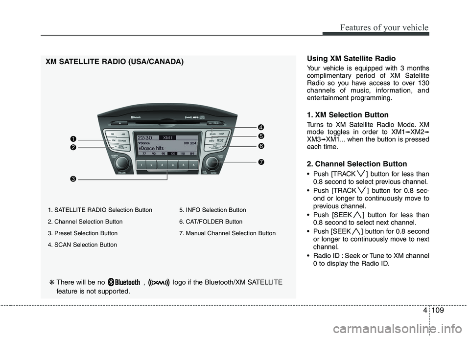 HYUNDAI TUCSON 2010 Owners Manual
4109
Features of your vehicle
❋There will be no , logo if the Bluetooth/XM SATELLITE
feature is not supported.
XM SATELLITE RADIO (USA/CANADA)Using XM Satellite Radio
Your vehicle is equipped wi HYUNDAI TUCSON 2010 Owners Manual
4109
Features of your vehicle
❋There will be no , logo if the Bluetooth/XM SATELLITE
feature is not supported.
XM SATELLITE RADIO (USA/CANADA)Using XM Satellite Radio
Your vehicle is equipped wi