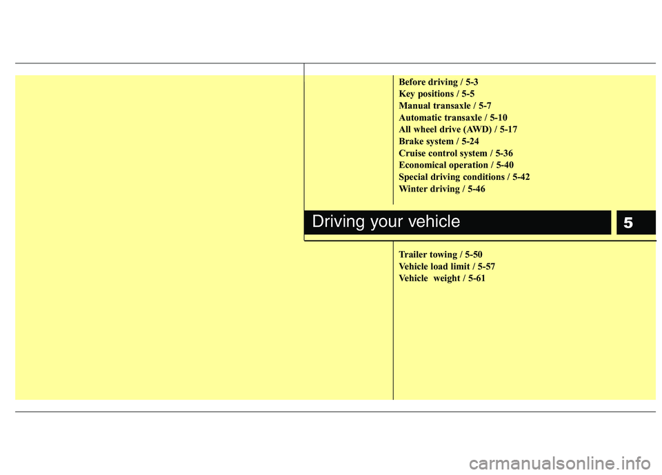 HYUNDAI TUCSON 2010 Owners Manual
5
Before driving / 5-3
Key positions / 5-5
Manual transaxle / 5-7
Automatic transaxle / 5-10
All wheel drive (AWD) / 5-17
Brake system / 5-24
Cruise control system / 5-36
Economical operation / 5-40
HYUNDAI TUCSON 2010 Owners Manual
5
Before driving / 5-3
Key positions / 5-5
Manual transaxle / 5-7
Automatic transaxle / 5-10
All wheel drive (AWD) / 5-17
Brake system / 5-24
Cruise control system / 5-36
Economical operation / 5-40