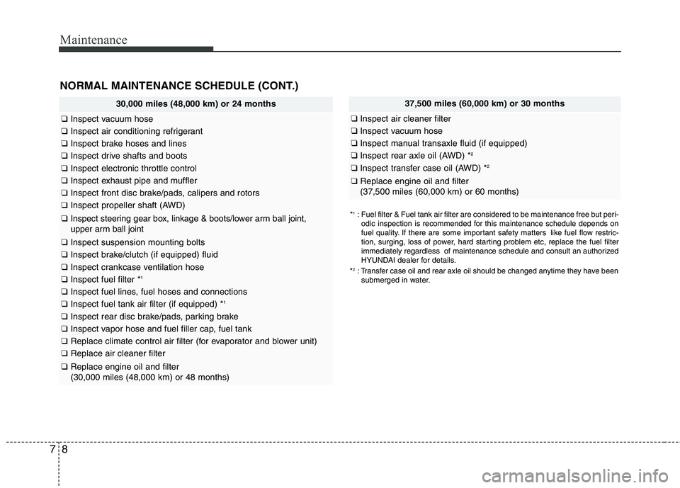 HYUNDAI TUCSON 2010  Owners Manual 
Maintenance
8
7
NORMAL MAINTENANCE SCHEDULE (CONT.)
37,500 miles (60,000 km) or 30 months
❑ Inspect air cleaner filter
❑Inspect vacuum hose
❑Inspect manual transaxle fluid (if equipped)
❑Insp