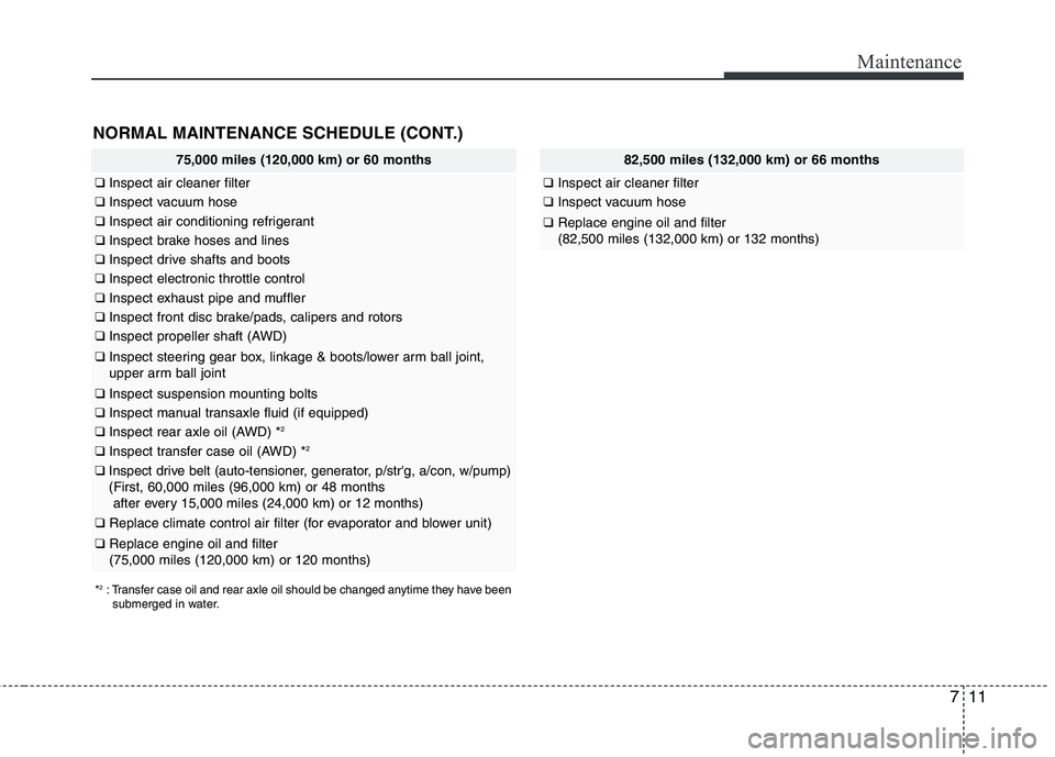 HYUNDAI TUCSON 2010  Owners Manual 
711
Maintenance
NORMAL MAINTENANCE SCHEDULE (CONT.)
75,000 miles (120,000 km) or 60 months
❑Inspect air cleaner filter
❑Inspect vacuum hose
❑Inspect air conditioning refrigerant
❑Inspect brak