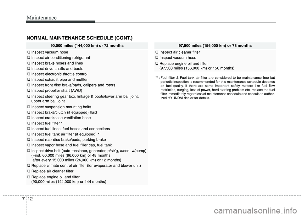 HYUNDAI TUCSON 2010  Owners Manual 
Maintenance
12
7
NORMAL MAINTENANCE SCHEDULE (CONT.)
97,500 miles (156,000 km) or 78 months
❑ Inspect air cleaner filter
❑Inspect vacuum hose
❑Replace engine oil and filter 
(97,500 miles (156,