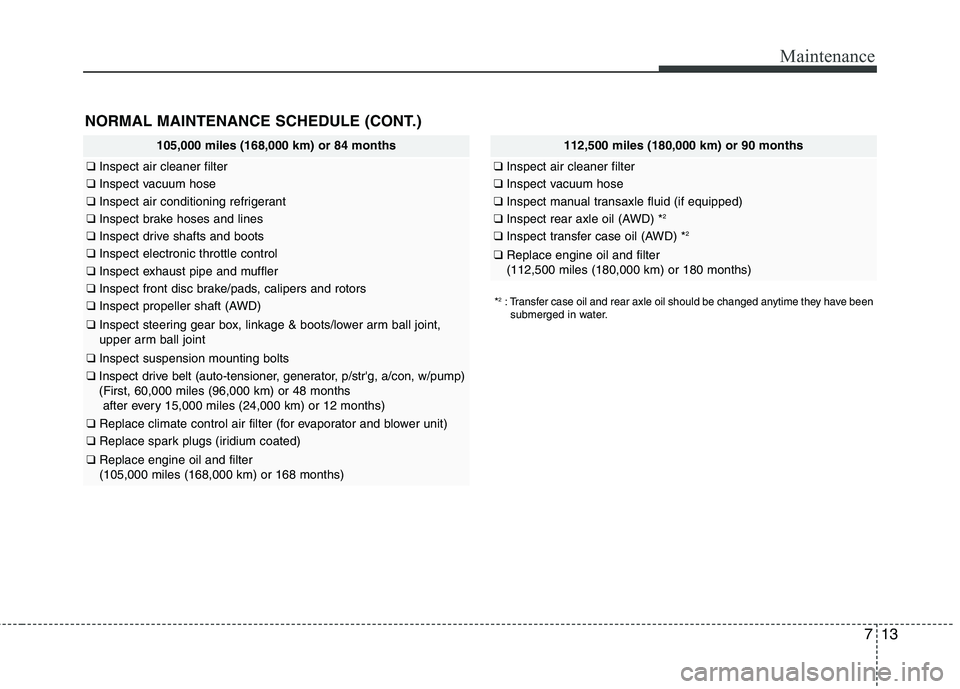 HYUNDAI TUCSON 2010 Owners Manual
713
Maintenance
NORMAL MAINTENANCE SCHEDULE (CONT.)
105,000 miles (168,000 km) or 84 months
❑Inspect air cleaner filter
❑Inspect vacuum hose
❑Inspect air conditioning refrigerant
❑Inspect bra HYUNDAI TUCSON 2010 Owners Manual
713
Maintenance
NORMAL MAINTENANCE SCHEDULE (CONT.)
105,000 miles (168,000 km) or 84 months
❑Inspect air cleaner filter
❑Inspect vacuum hose
❑Inspect air conditioning refrigerant
❑Inspect bra