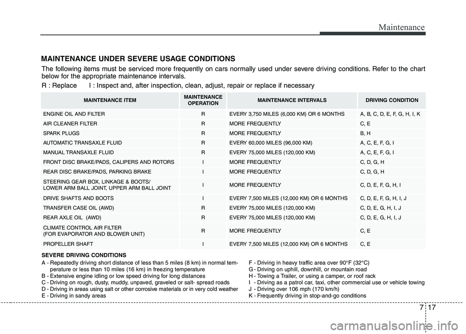 HYUNDAI TUCSON 2010 Owners Manual
717
Maintenance
MAINTENANCE UNDER SEVERE USAGE CONDITIONS
SEVERE DRIVING CONDITIONS
A - Repeatedly driving short distance of less than 5 miles (8 km) in normal tem-perature or less than 10 miles (16 HYUNDAI TUCSON 2010 Owners Manual
717
Maintenance
MAINTENANCE UNDER SEVERE USAGE CONDITIONS
SEVERE DRIVING CONDITIONS
A - Repeatedly driving short distance of less than 5 miles (8 km) in normal tem-perature or less than 10 miles (16
