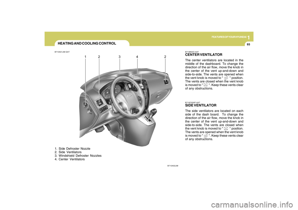 HYUNDAI TUCSON 2009  Owners Manual 1
FEATURES OF YOUR HYUNDAI
9393939393
HEATING AND COOLING CONTROLB710A01JM-GAT1. Side Defroster Nozzle
2. Side Ventilators
3. Windshield Defroster Nozzles
4. Center Ventilators
B710B02O-AATCENTER VENT