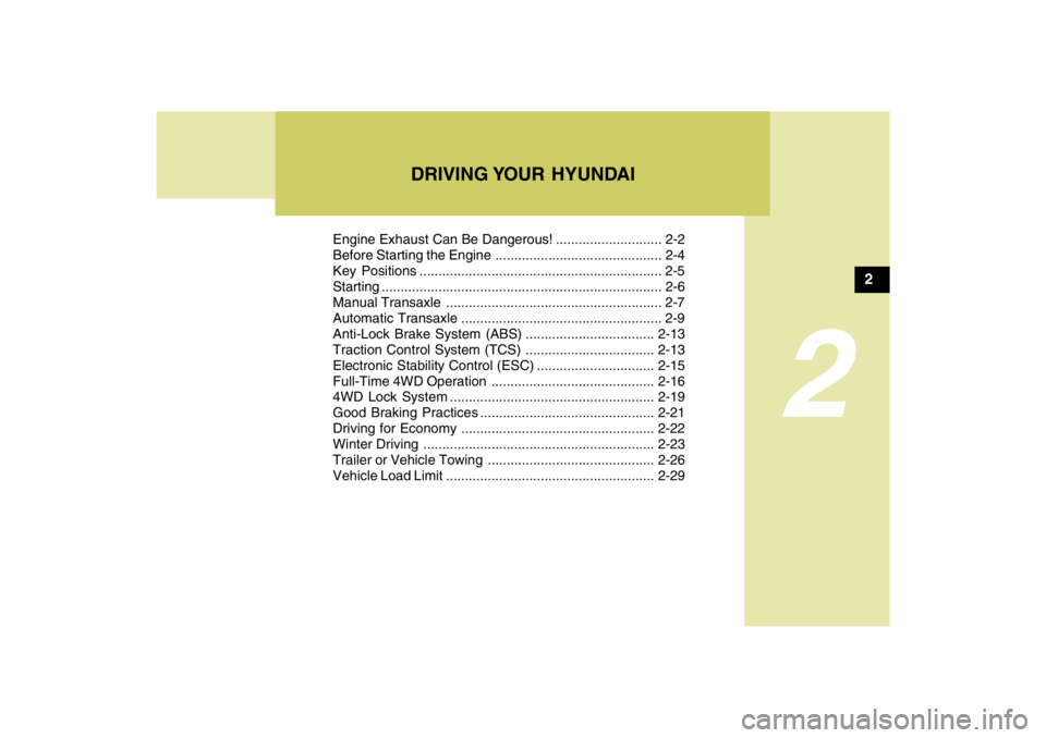 HYUNDAI TUCSON 2009  Owners Manual DRIVING YOUR  HYUNDAI
2
Engine Exhaust Can Be Dangerous! ............................ 2-2
Before Starting the Engine ............................................ 2-4
Key Positions ....................