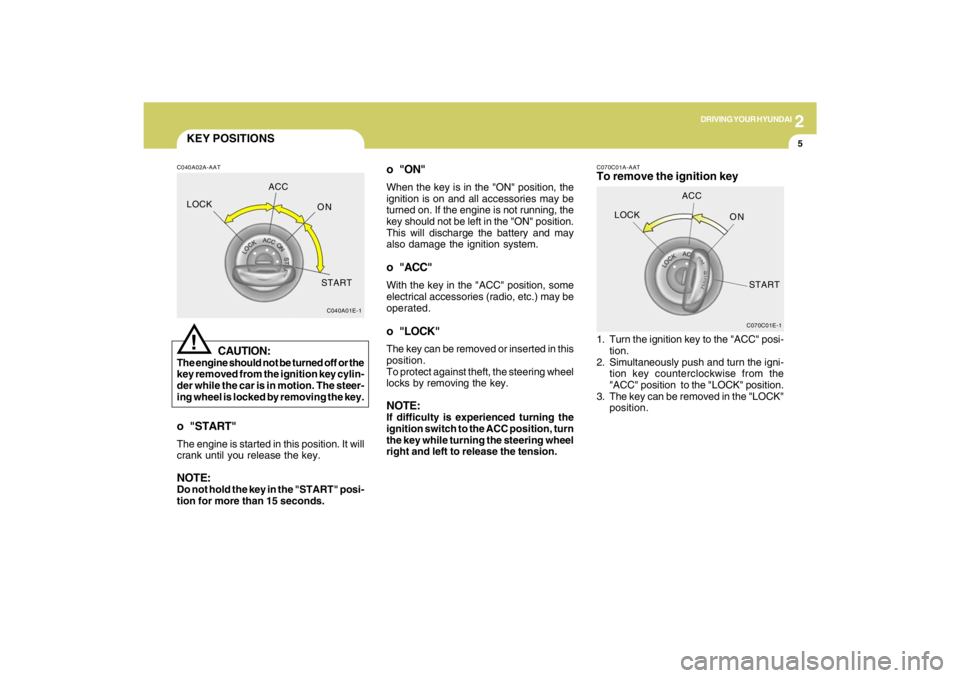 HYUNDAI TUCSON 2009  Owners Manual 2
DRIVING YOUR HYUNDAI
5
KEY POSITIONSC040A02A-AAT
CAUTION:
The engine should not be turned off or the
key removed from the ignition key cylin-
der while the car is in motion. The steer-
ing wheel is 