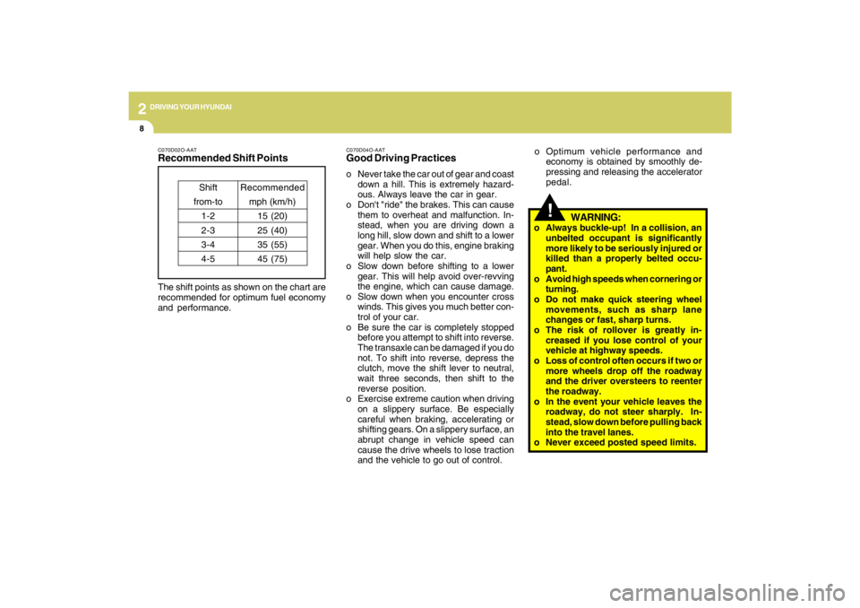 HYUNDAI TUCSON 2009  Owners Manual 2
DRIVING YOUR HYUNDAI
8
!
WARNING:
o Always buckle-up!  In a collision, an
unbelted occupant is significantly
more likely to be seriously injured or
killed than a properly belted occu-
pant.
o Avoid 